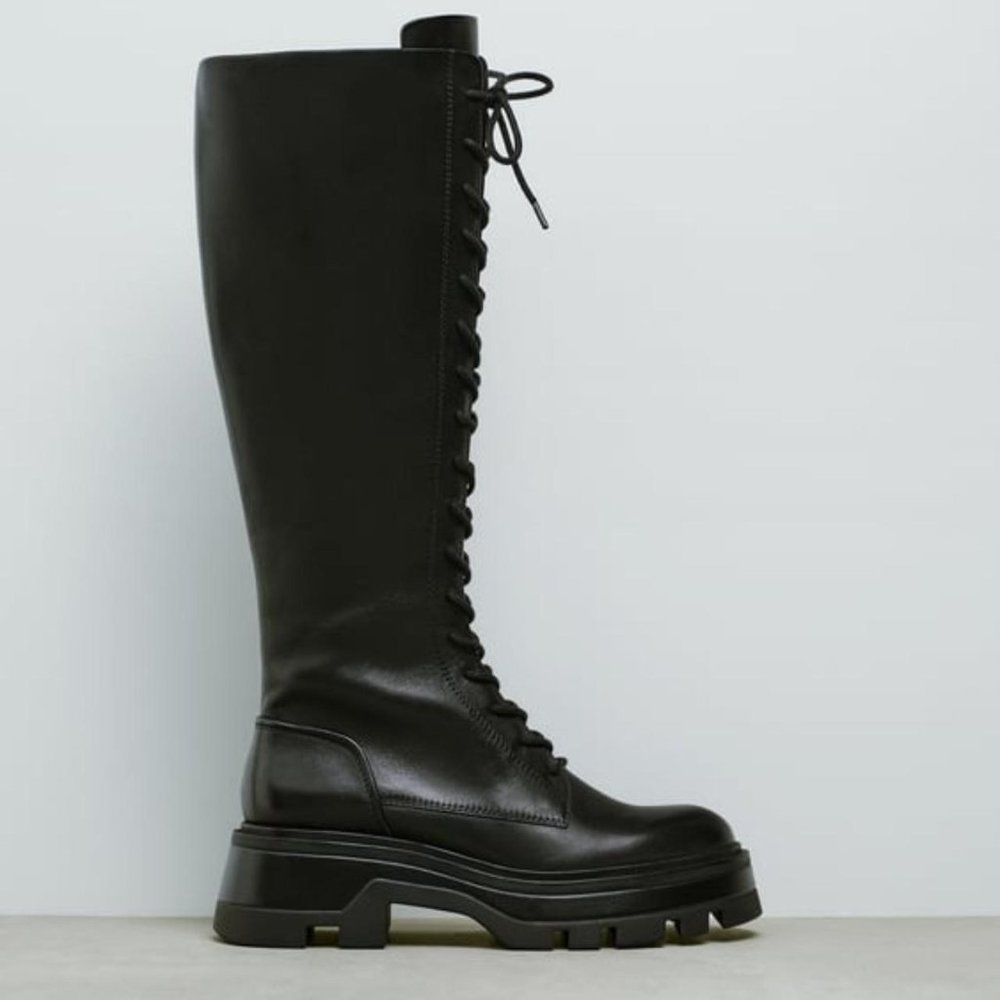 Zara Knee High Lug Sole Lace-up Boots